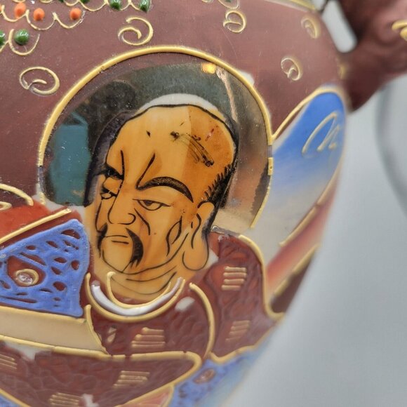 Japanese Mid Century Satsuma Ware Vase Foo Dogs Moriage Relief Hand Painted Gold - Picture 10 of 11